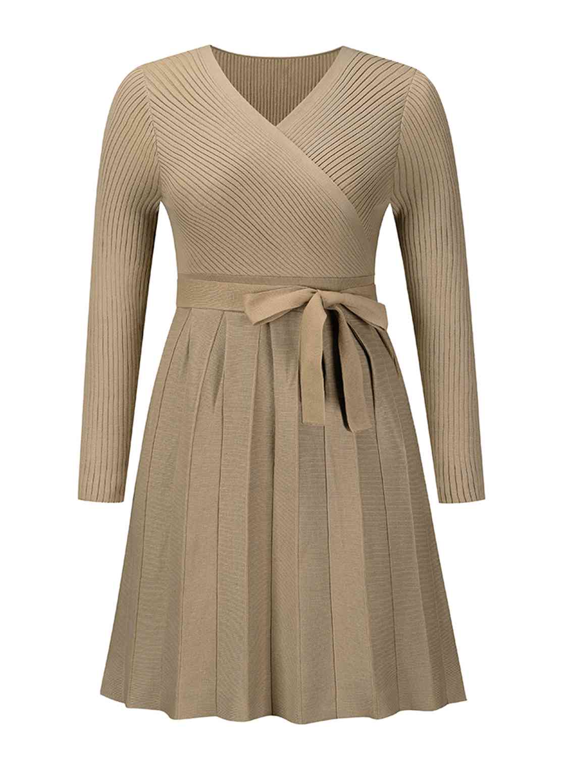 Surplice Neck Tie Front Pleated Sweater Dress - Brinxx Couture