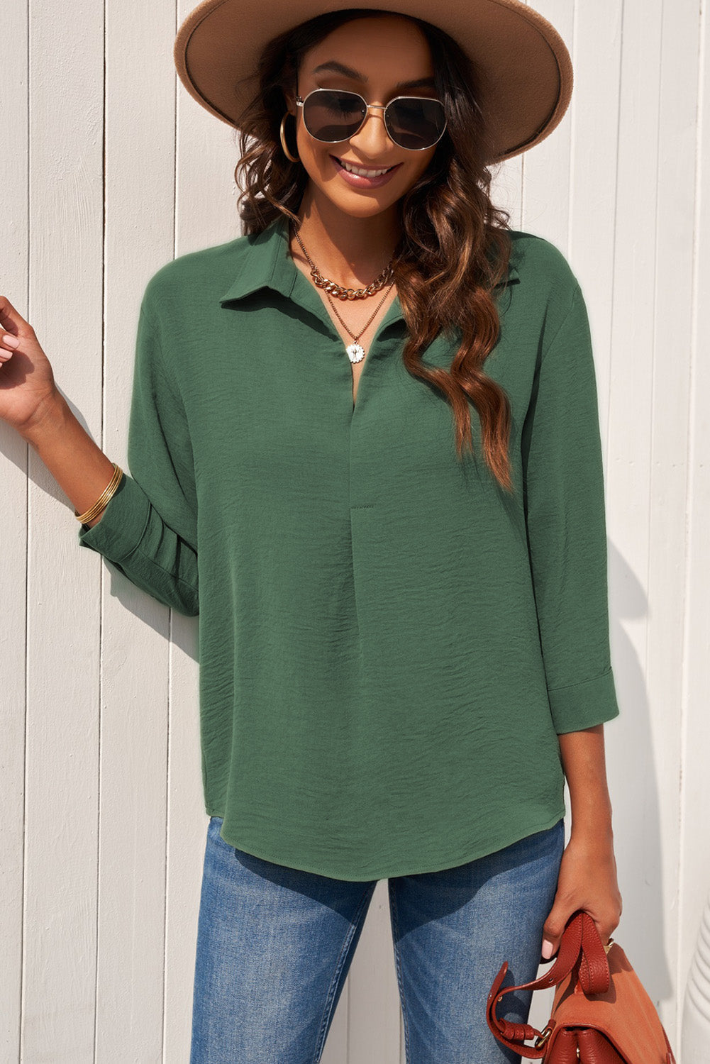 Textured Johnny Collar Three-Quarter Sleeve Blouse - Brinxx Couture