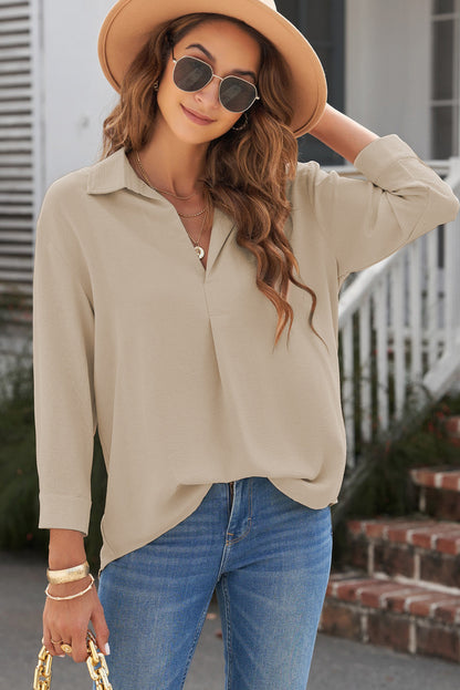 Textured Johnny Collar Three-Quarter Sleeve Blouse - Brinxx Couture