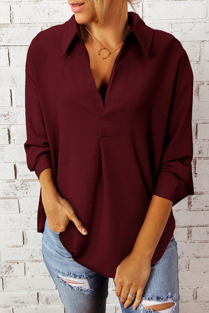 Textured Johnny Collar Three-Quarter Sleeve Blouse - Brinxx Couture