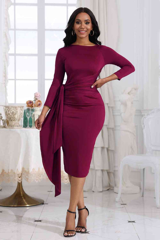 Tie Detail Round Neck Midi Dress - Brinxx Couture