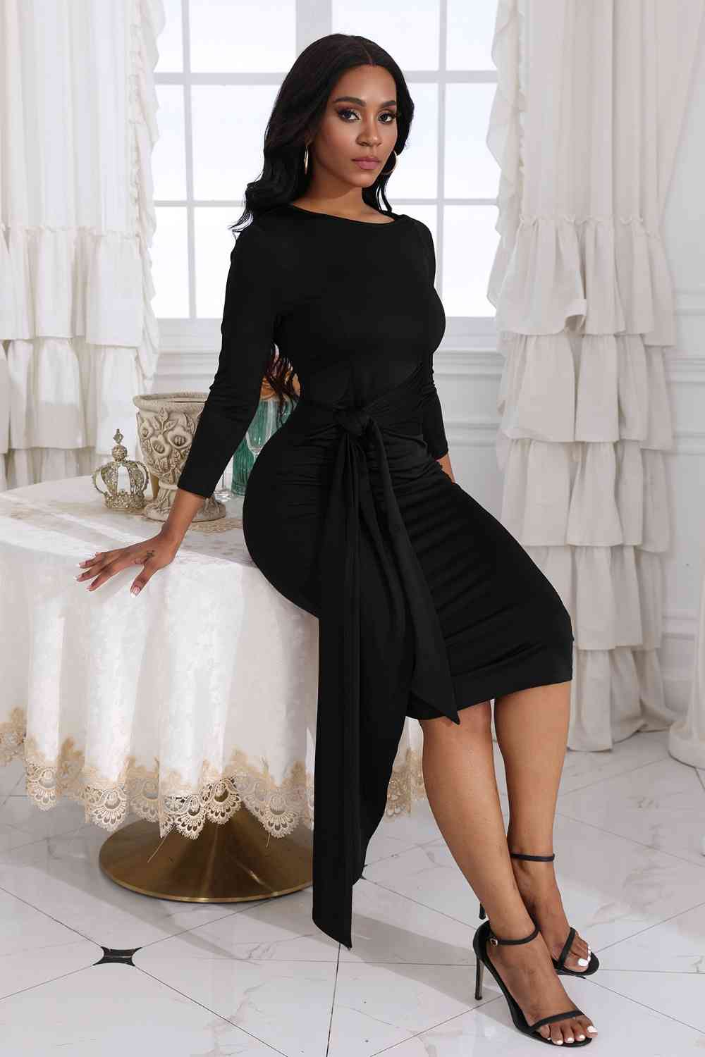 Tie Detail Round Neck Midi Dress - Brinxx Couture