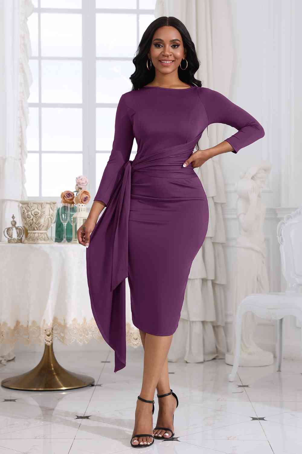 Tie Detail Round Neck Midi Dress - Brinxx Couture