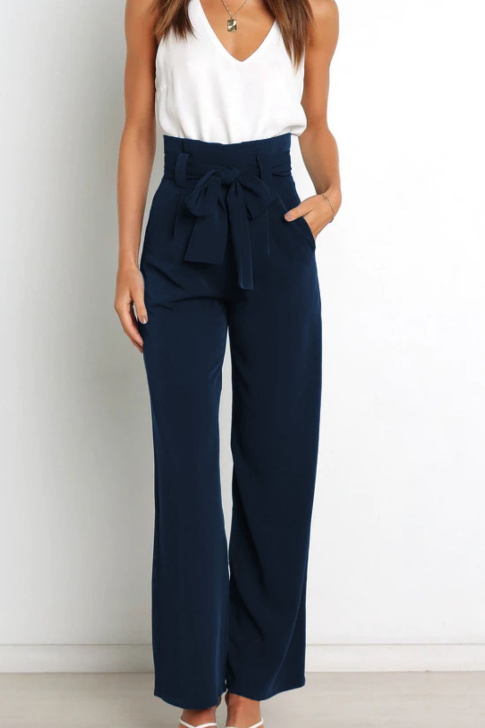 Tie Front Paperbag Wide Leg Pants - Brinxx Couture