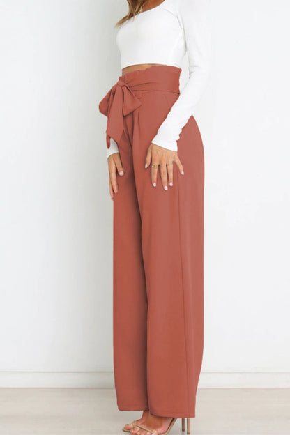 Tie Front Paperbag Wide Leg Pants - Brinxx Couture