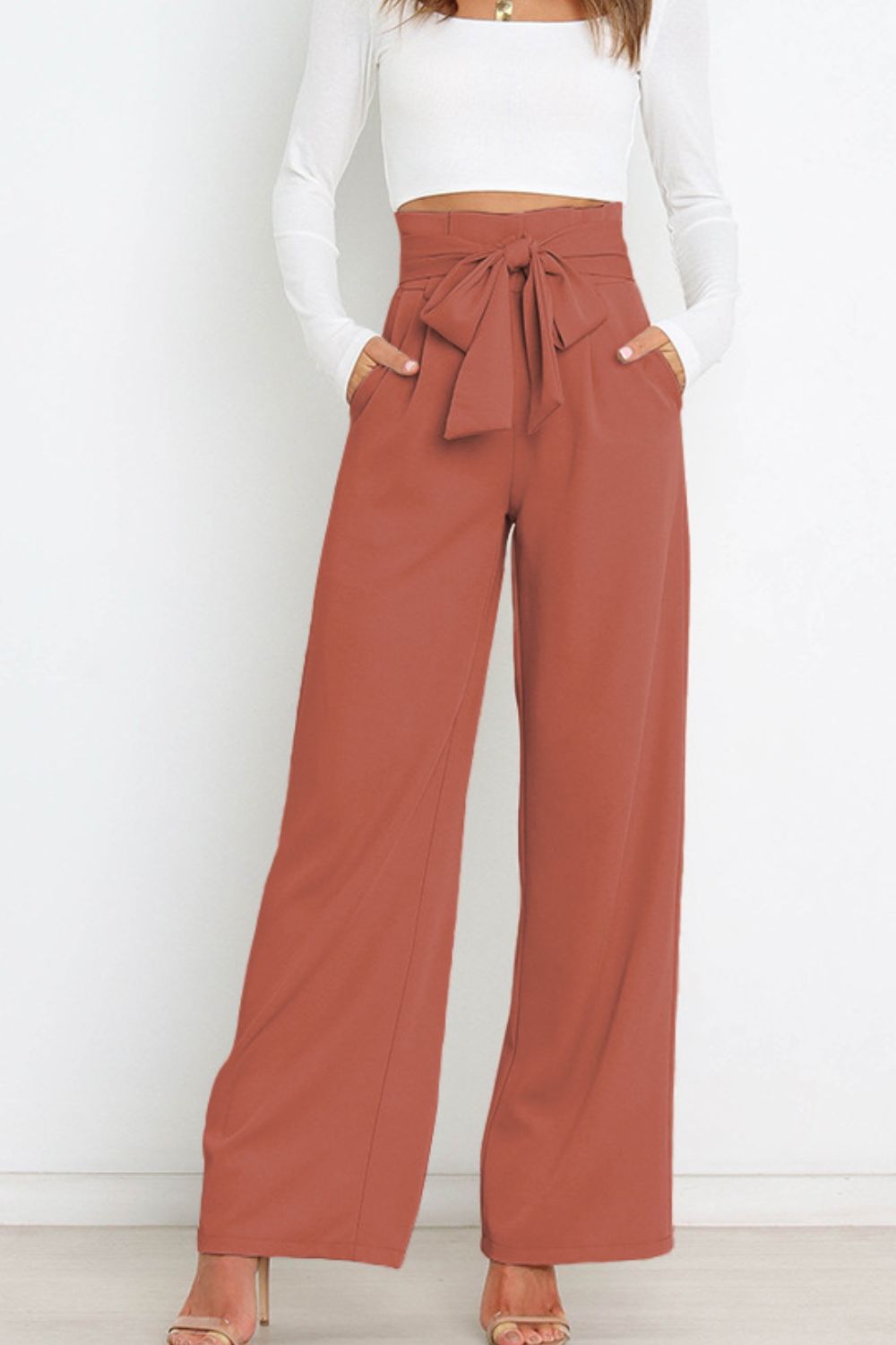 Tie Front Paperbag Wide Leg Pants - Brinxx Couture