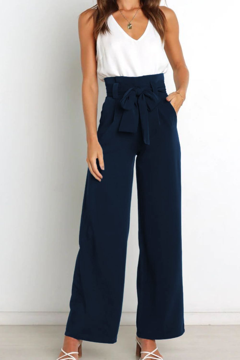 Tie Front Paperbag Wide Leg Pants - Brinxx Couture