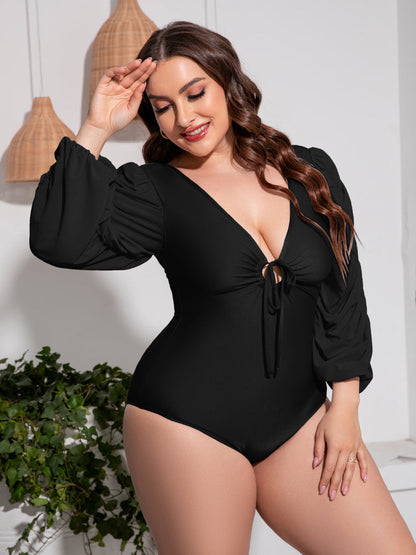 Tied Deep V Balloon Sleeve One-Piece Swimsuit - Brinxx Couture