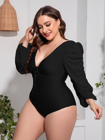 Tied Deep V Balloon Sleeve One-Piece Swimsuit - Brinxx Couture