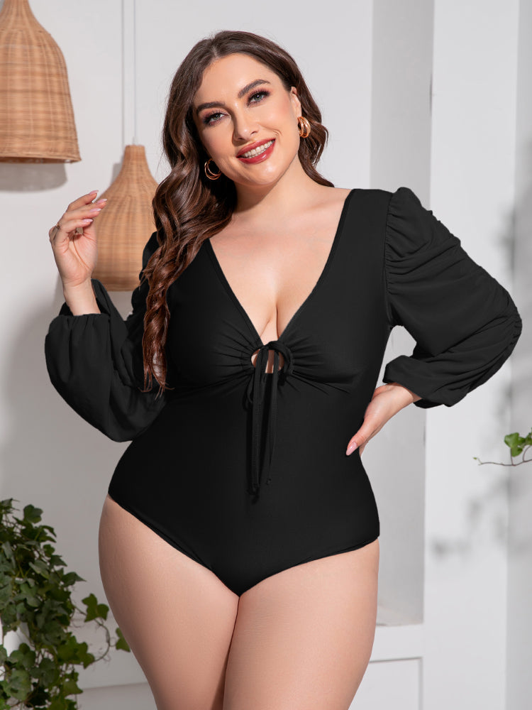 Tied Deep V Balloon Sleeve One-Piece Swimsuit - Brinxx Couture