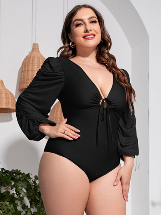 Tied Deep V Balloon Sleeve One-Piece Swimsuit - Brinxx Couture