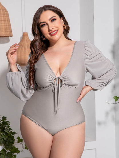 Tied Deep V Balloon Sleeve One-Piece Swimsuit - Brinxx Couture