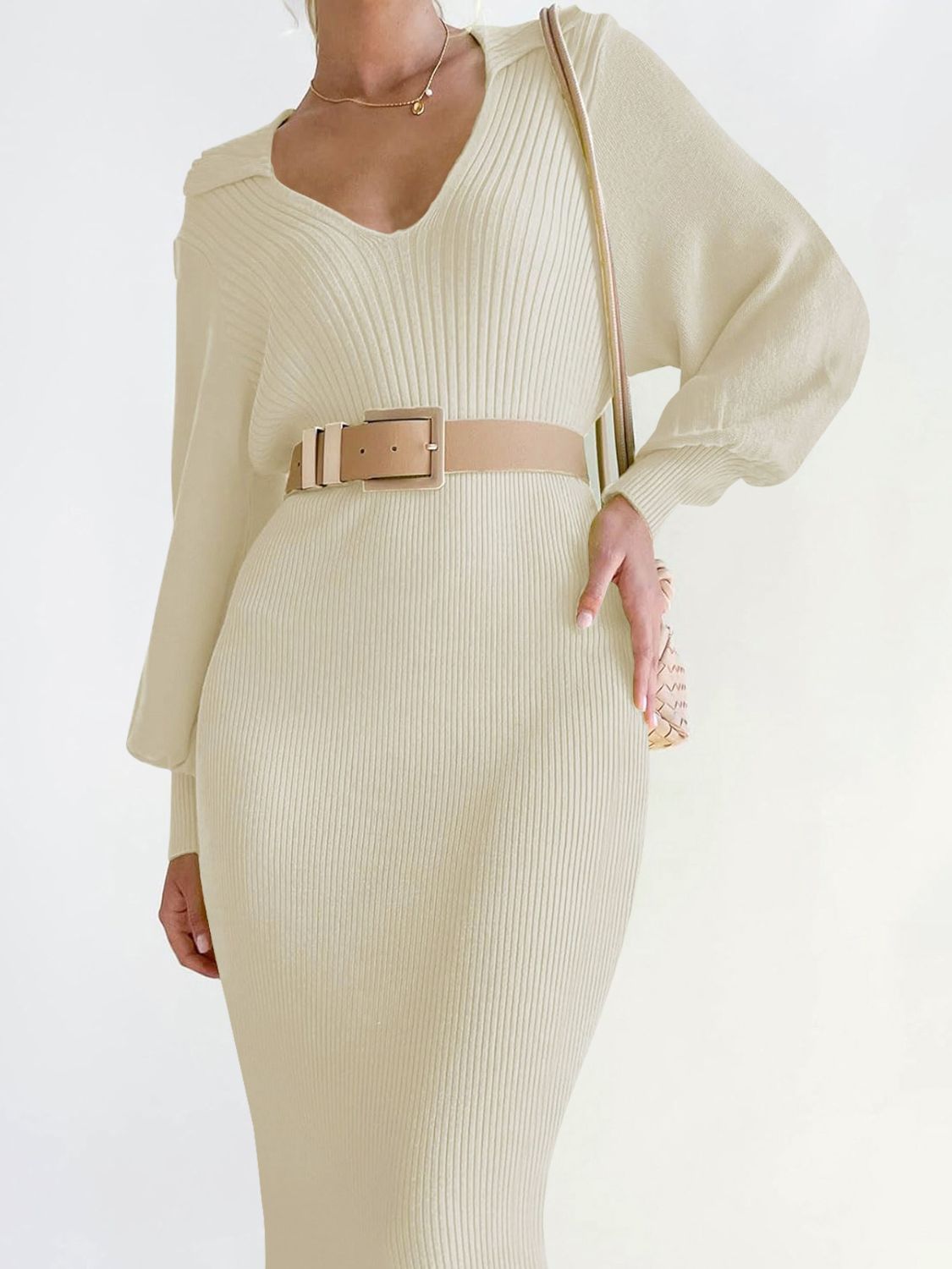 Tied Long Sleeve Wrap Sweater Dress - Brinxx Couture