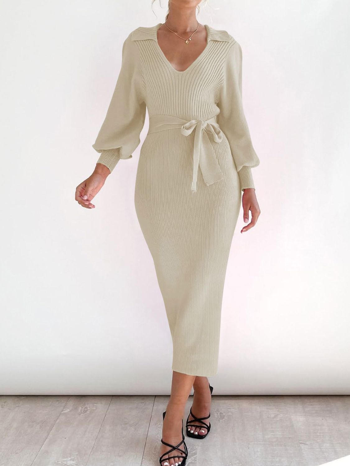 Tied Long Sleeve Wrap Sweater Dress - Brinxx Couture