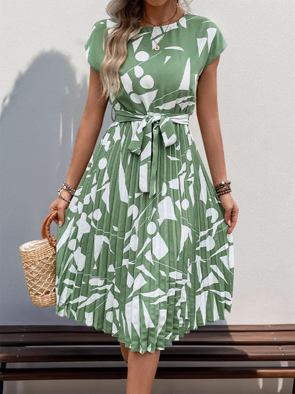 Tied Pleated Printed Cap Sleeve Dress - Brinxx Couture