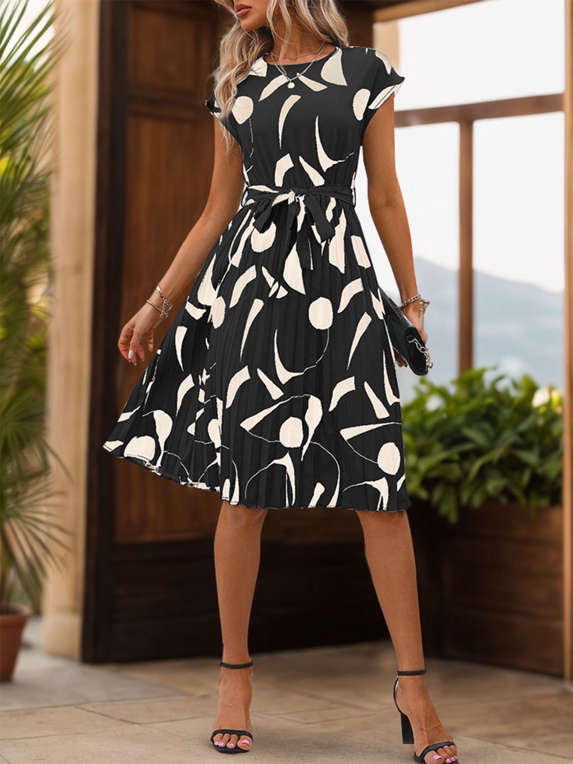 Tied Pleated Printed Cap Sleeve Dress - Brinxx Couture