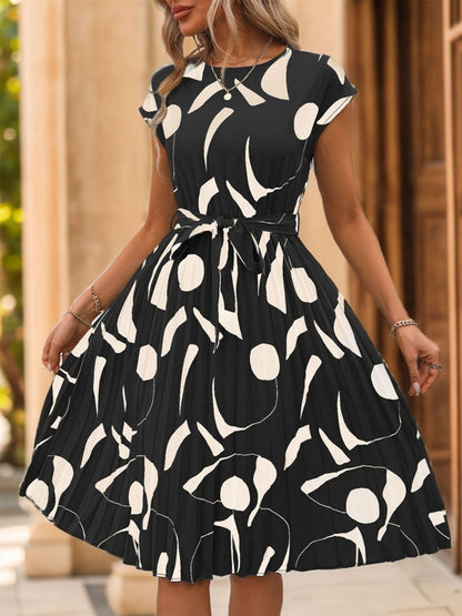 Tied Pleated Printed Cap Sleeve Dress - Brinxx Couture