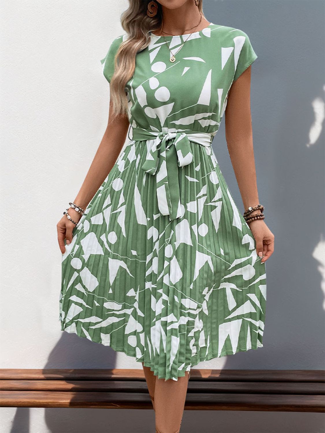 Tied Pleated Printed Cap Sleeve Dress - Brinxx Couture