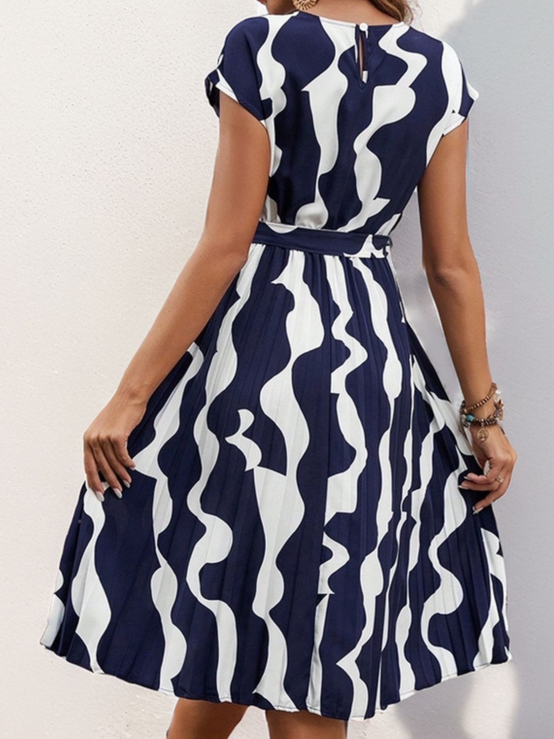 Tied Pleated Printed Cap Sleeve Dress - Brinxx Couture