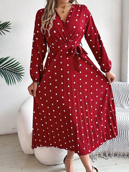 Tied Polka Dot Long Sleeve Midi Dress - Brinxx Couture