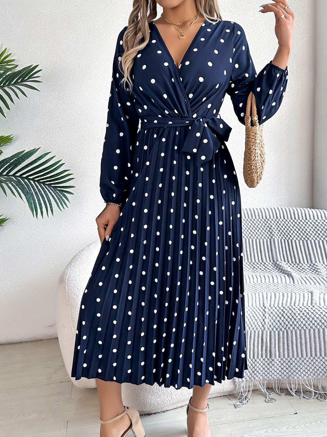 Tied Polka Dot Long Sleeve Midi Dress - Brinxx Couture