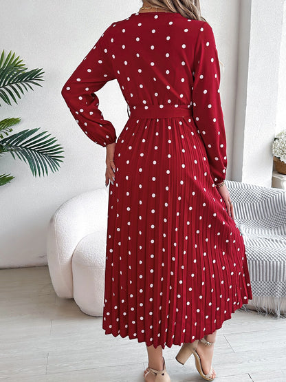 Tied Polka Dot Long Sleeve Midi Dress - Brinxx Couture