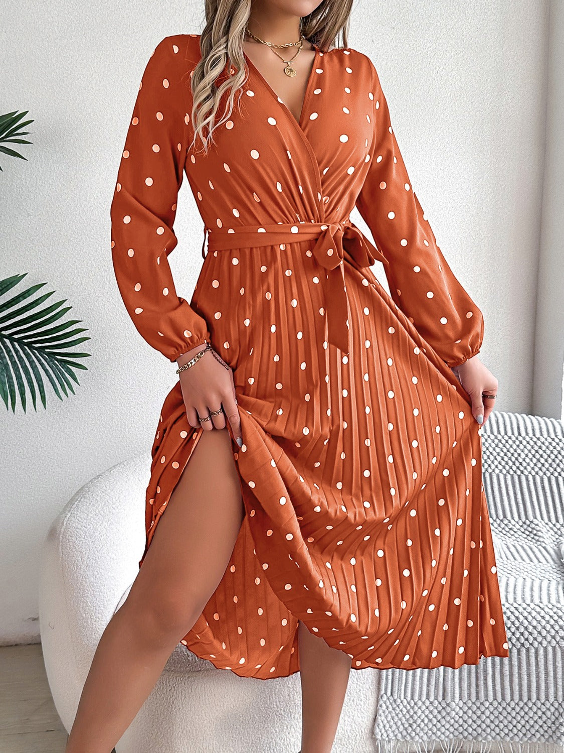 Tied Polka Dot Long Sleeve Midi Dress - Brinxx Couture