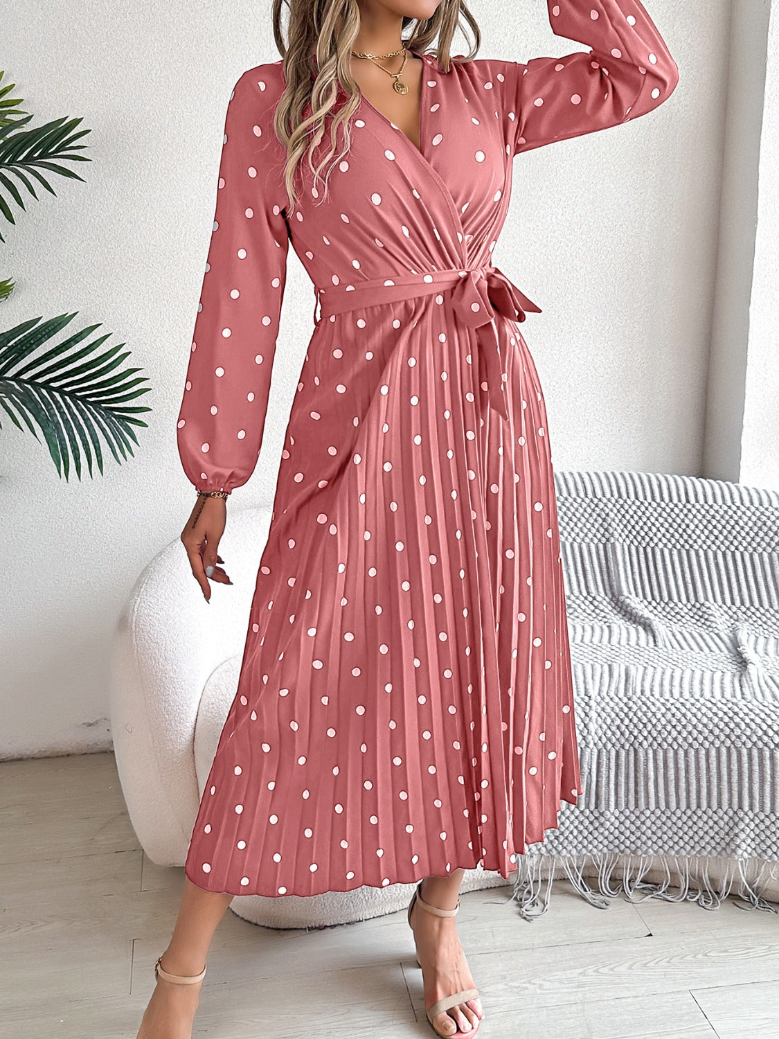 Tied Polka Dot Long Sleeve Midi Dress - Brinxx Couture