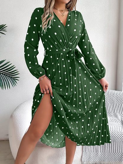 Tied Polka Dot Long Sleeve Midi Dress - Brinxx Couture