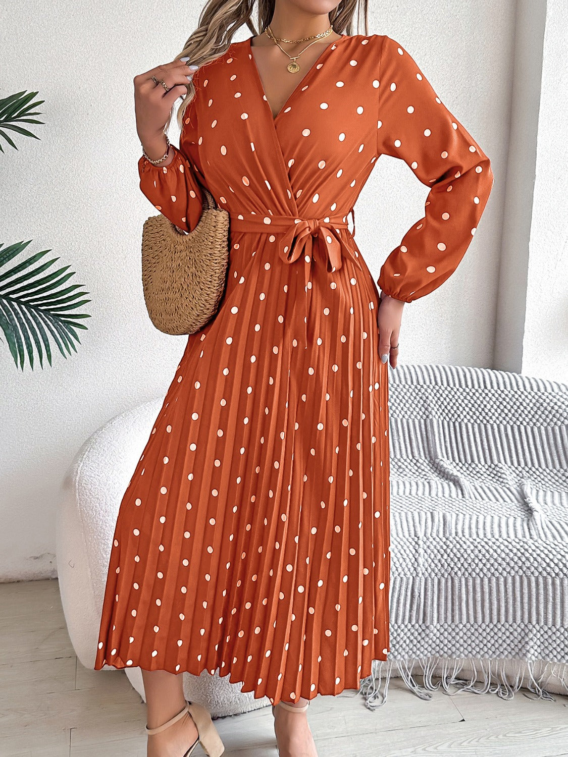 Tied Polka Dot Long Sleeve Midi Dress - Brinxx Couture