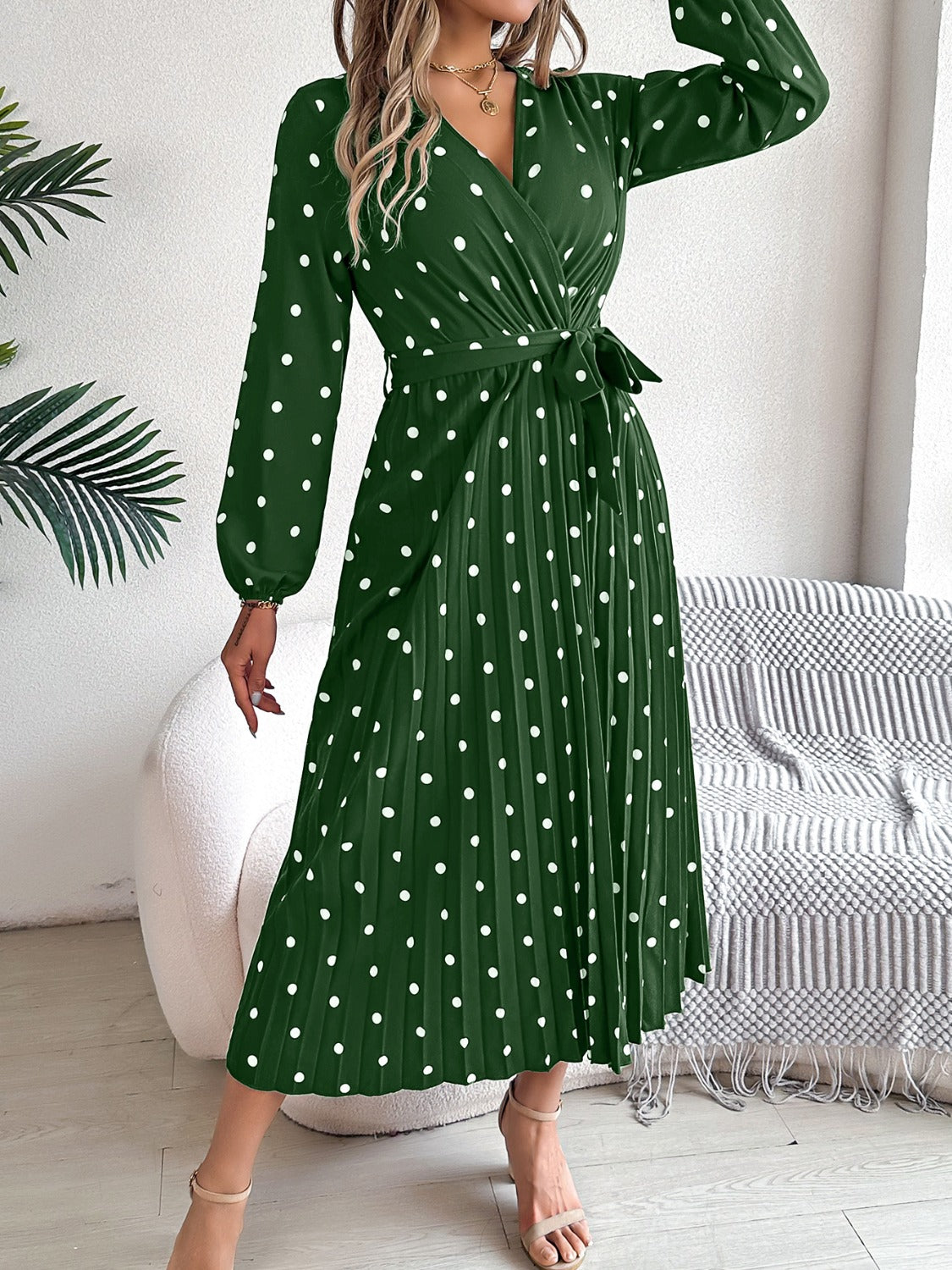 Tied Polka Dot Long Sleeve Midi Dress - Brinxx Couture