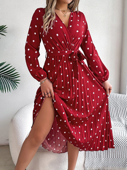 Tied Polka Dot Long Sleeve Midi Dress - Brinxx Couture