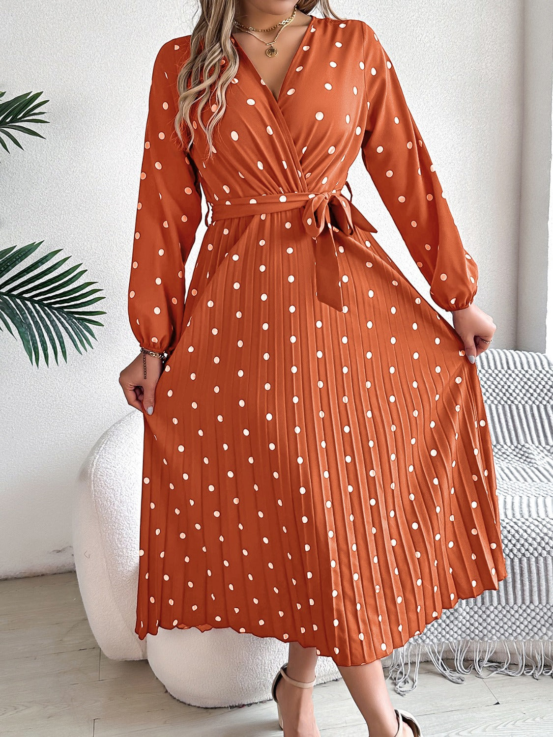 Tied Polka Dot Long Sleeve Midi Dress - Brinxx Couture