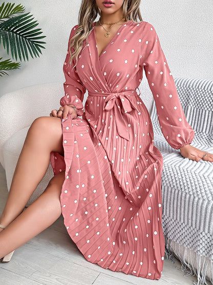 Tied Polka Dot Long Sleeve Midi Dress - Brinxx Couture