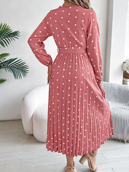 Tied Polka Dot Long Sleeve Midi Dress - Brinxx Couture