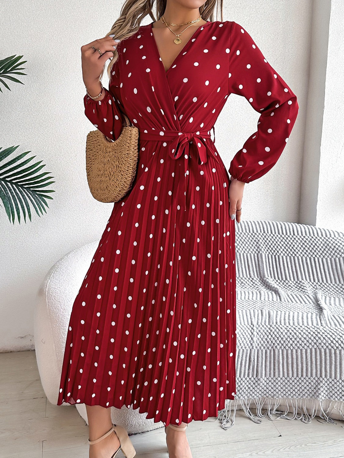 Tied Polka Dot Long Sleeve Midi Dress - Brinxx Couture