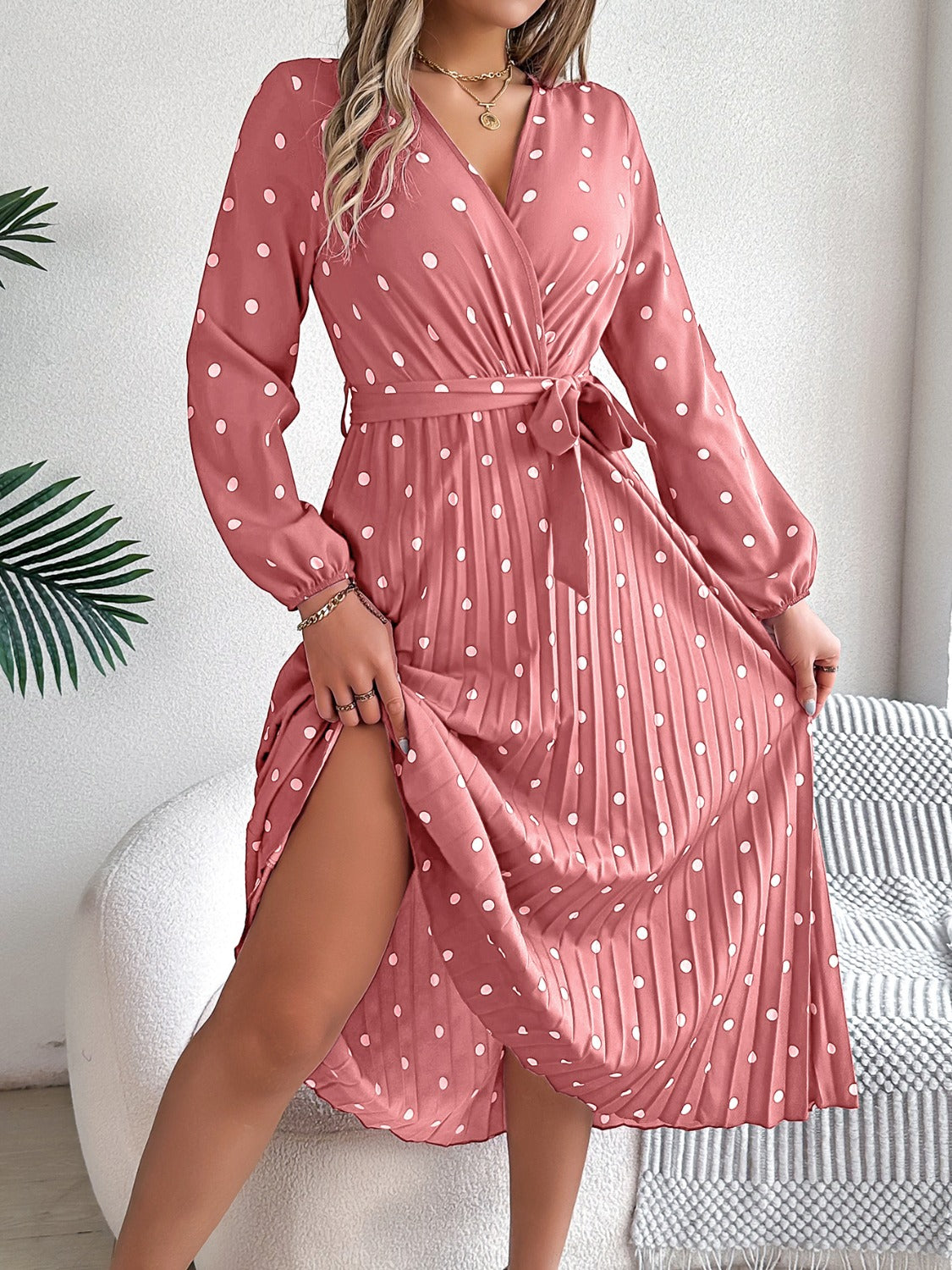 Tied Polka Dot Long Sleeve Midi Dress - Brinxx Couture