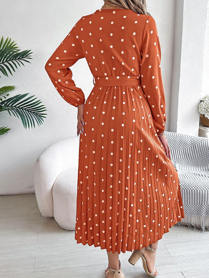 Tied Polka Dot Long Sleeve Midi Dress - Brinxx Couture