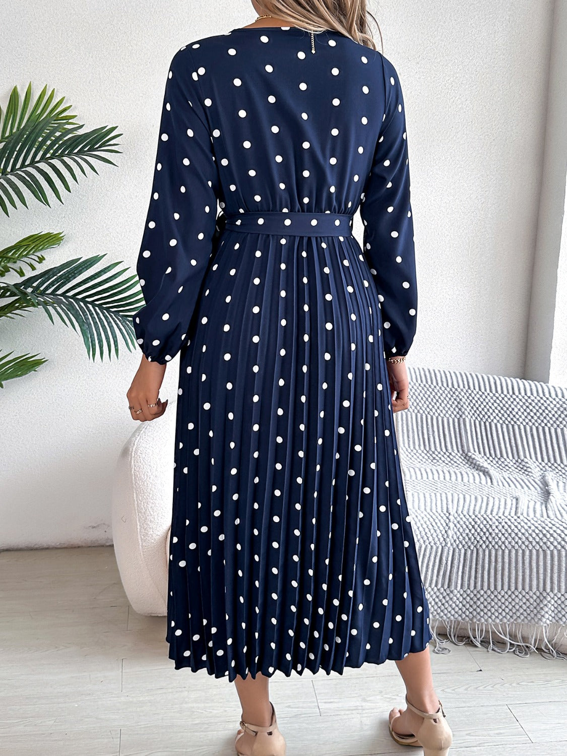 Tied Polka Dot Long Sleeve Midi Dress - Brinxx Couture