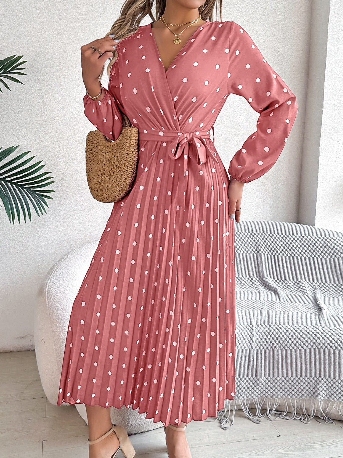 Tied Polka Dot Long Sleeve Midi Dress - Brinxx Couture