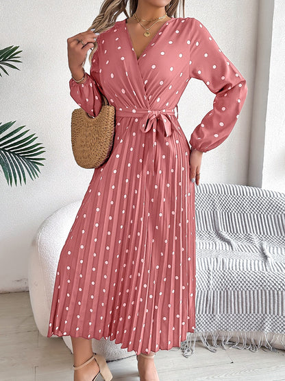 Tied Polka Dot Long Sleeve Midi Dress - Brinxx Couture