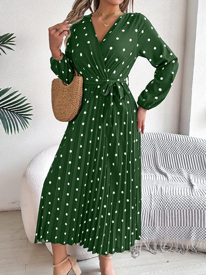 Tied Polka Dot Long Sleeve Midi Dress - Brinxx Couture