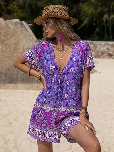 Tied Printed Short Sleeve Romper - Brinxx Couture