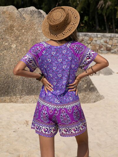 Tied Printed Short Sleeve Romper - Brinxx Couture