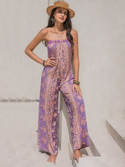 Tied Printed Tube Wide Leg Jumpsuit - Brinxx Couture