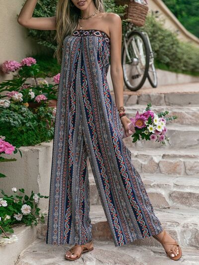 Tied Printed Tube Wide Leg Jumpsuit - Brinxx Couture