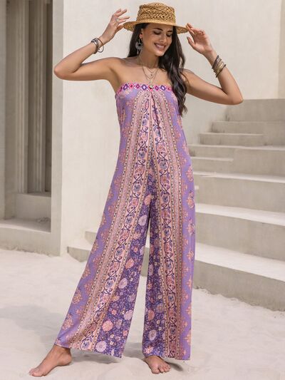 Tied Printed Tube Wide Leg Jumpsuit - Brinxx Couture