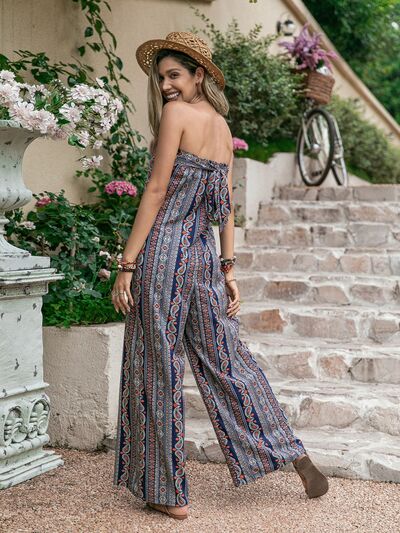 Tied Printed Tube Wide Leg Jumpsuit - Brinxx Couture