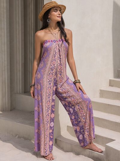 Tied Printed Tube Wide Leg Jumpsuit - Brinxx Couture