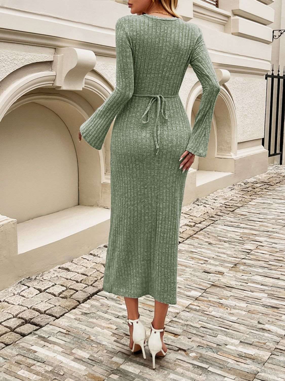 Tied Round Neck Long Sleeve Midi Dress - Brinxx Couture